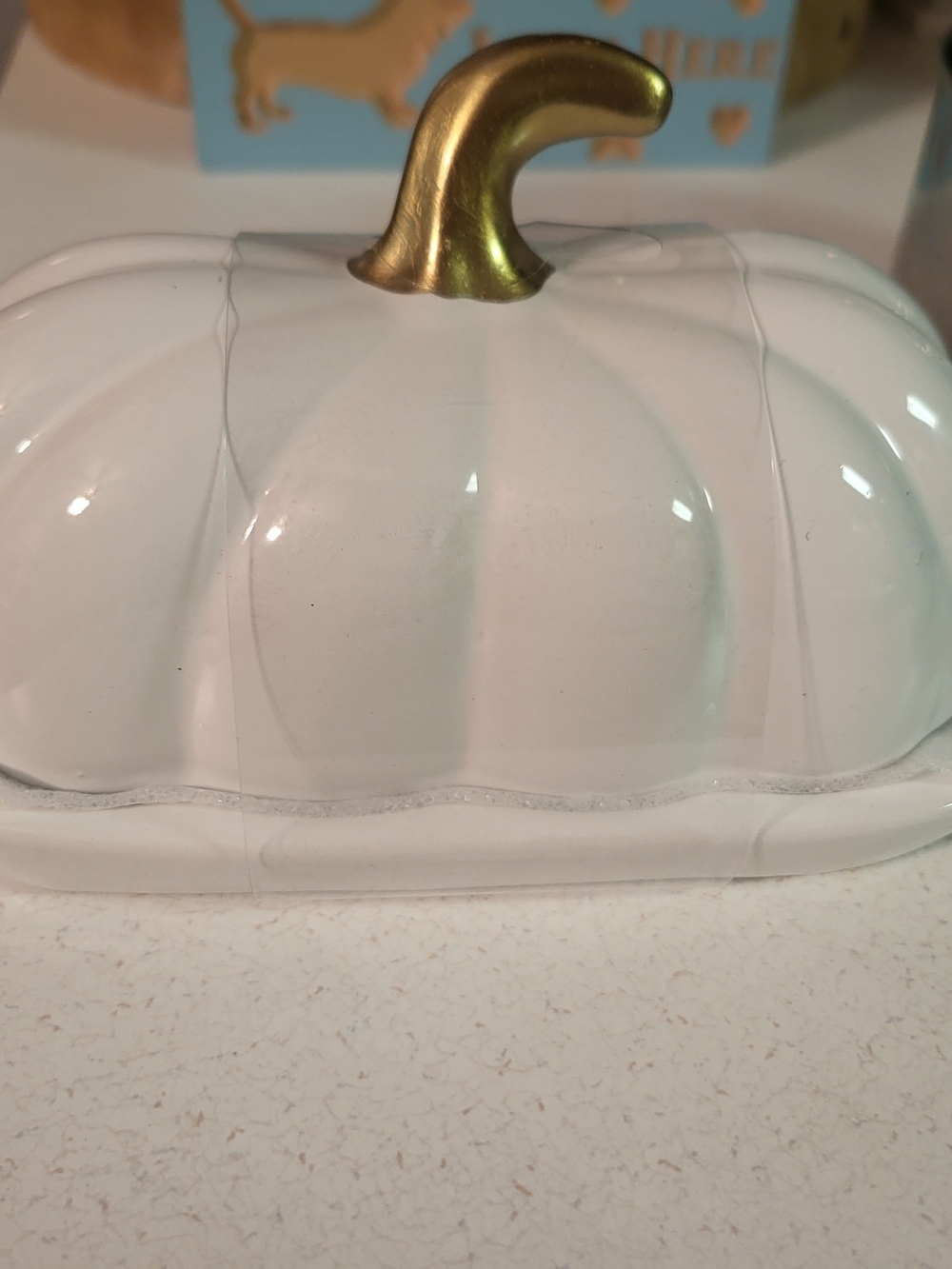 White Ceramic Pumpkin Butter Dish with Gold Stem